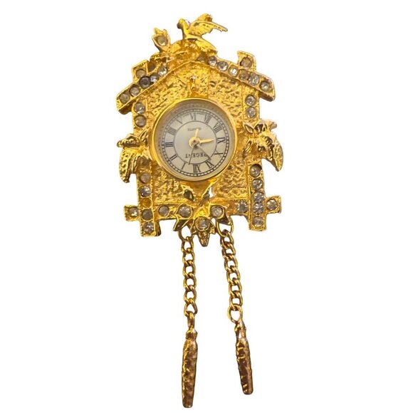 Regency Timepiece Watch Brooch OR Pendant Cuckoo Clock Gold Tone Working - Picture 1 of 10